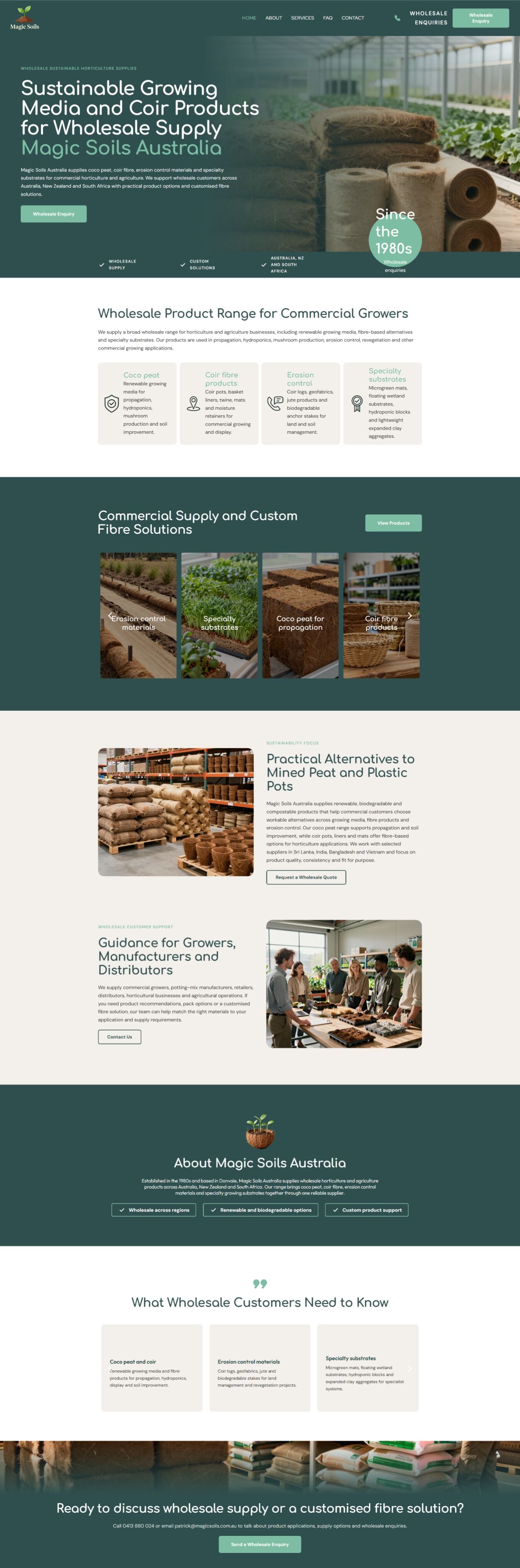 Website built with Cortex for Magic Soils Australia: Sustainable Growing Media and Coir Products for Wholesale Supply.