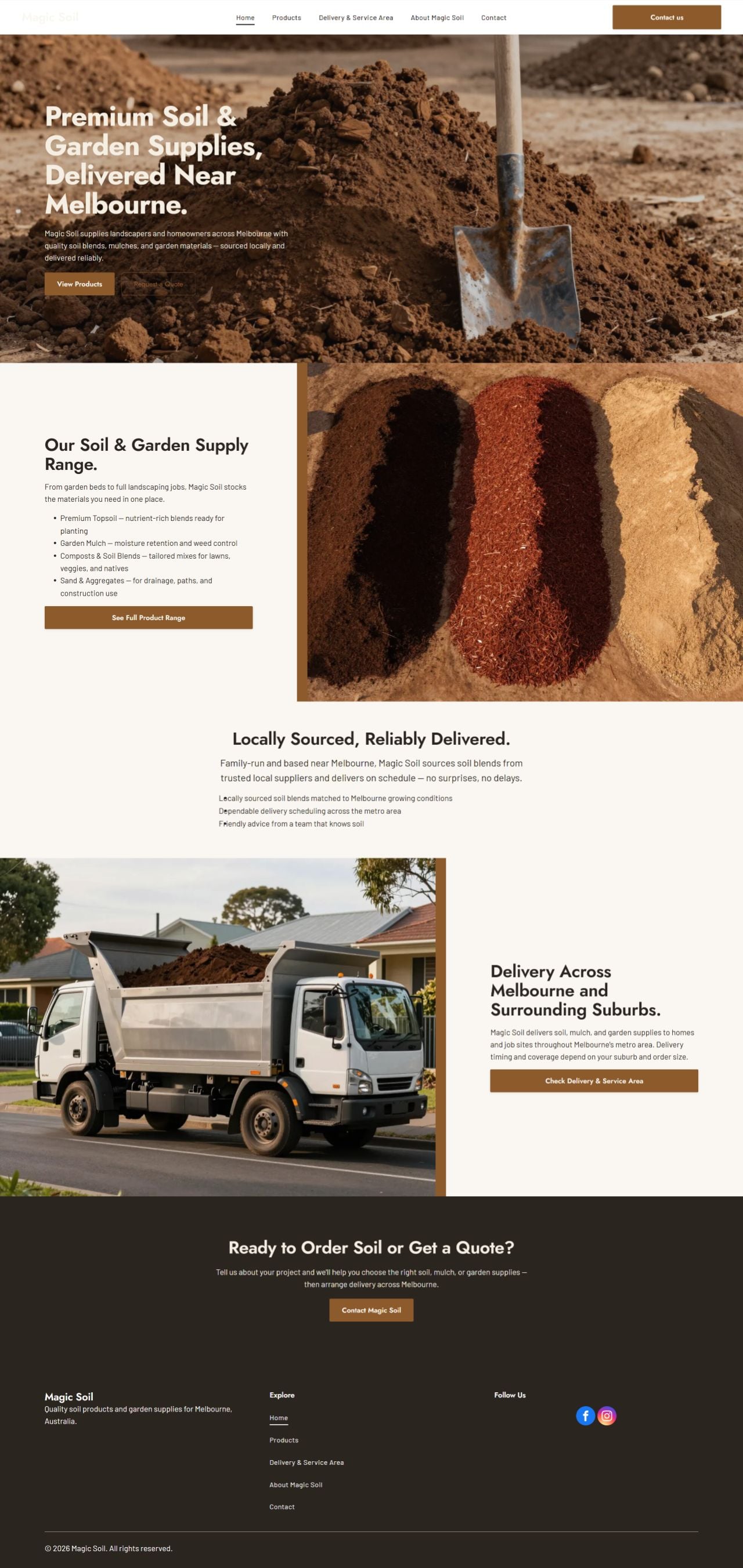 Website made by a generic AI site builder for Magic Soils: Premium Soil and Garden Supplies, Delivered Near Melbourne.
